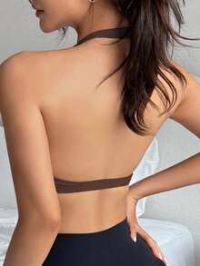 DAZY Solid Color Halter Neck Twist Front Slight Push-Up Women's Sports Bra - Brown - View 2