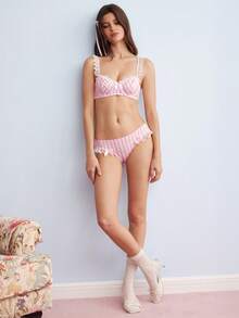 Elorette 2pcs Pink 1/2 Cup Push Up Underwire High Support Lace Patchwork Bow Sweet Cute Women's Lingerie Set - Pink - View 4