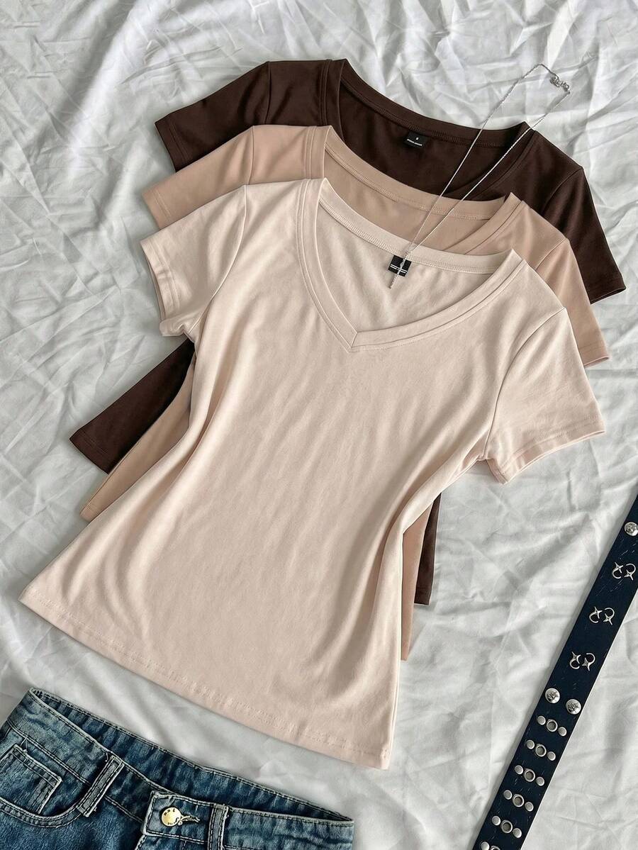 SHEIN EZwear 3件組女款夏季V領修身T恤,龐克次文化動漫純色基本款V領短袖修身T恤 - 彩色 - 查看 1
