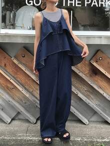 FRIFUL 女款時尚百搭荷葉邊下擺寬鬆寬腿牛仔吊帶褲 校園秋季款 - 藍色 - 查看 8