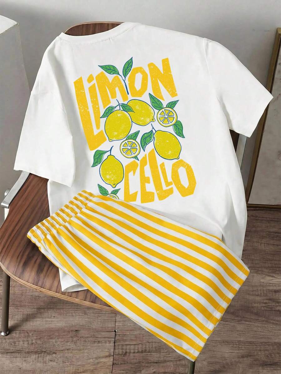 Manfinity Joysei Men's Round Neck Short Sleeve T-Shirt And Striped Shorts Set - Yellow - View 1