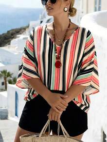 EMERY ROSE Camisa de talla grande estilo vacaciones con cuello en V, mangas murciélago y rayas, para cubrir el traje de baño en verano - Naranja - Ver 7