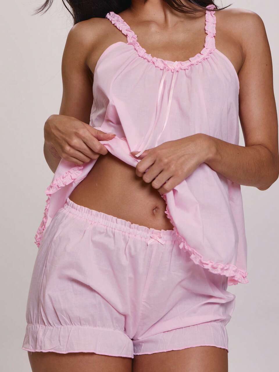 Ruffled Hem Scoop Neck Bow Detail Loose Fit Sleeveless Top With Elasticated Waist Bow Detail Ruffled Hem Bloomer Style Mini Shorts Coord Sold As Set