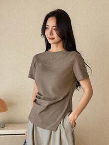 Dazy Tall Damen lockeres lässiges minimalistisches Mode Rundhals Retro Stil Polo T-Shirt, atmungsaktiv Sommer Alltag Büro Kleidung in Kaffeebraun, für große Frauen - Khaki - Übersicht 6
