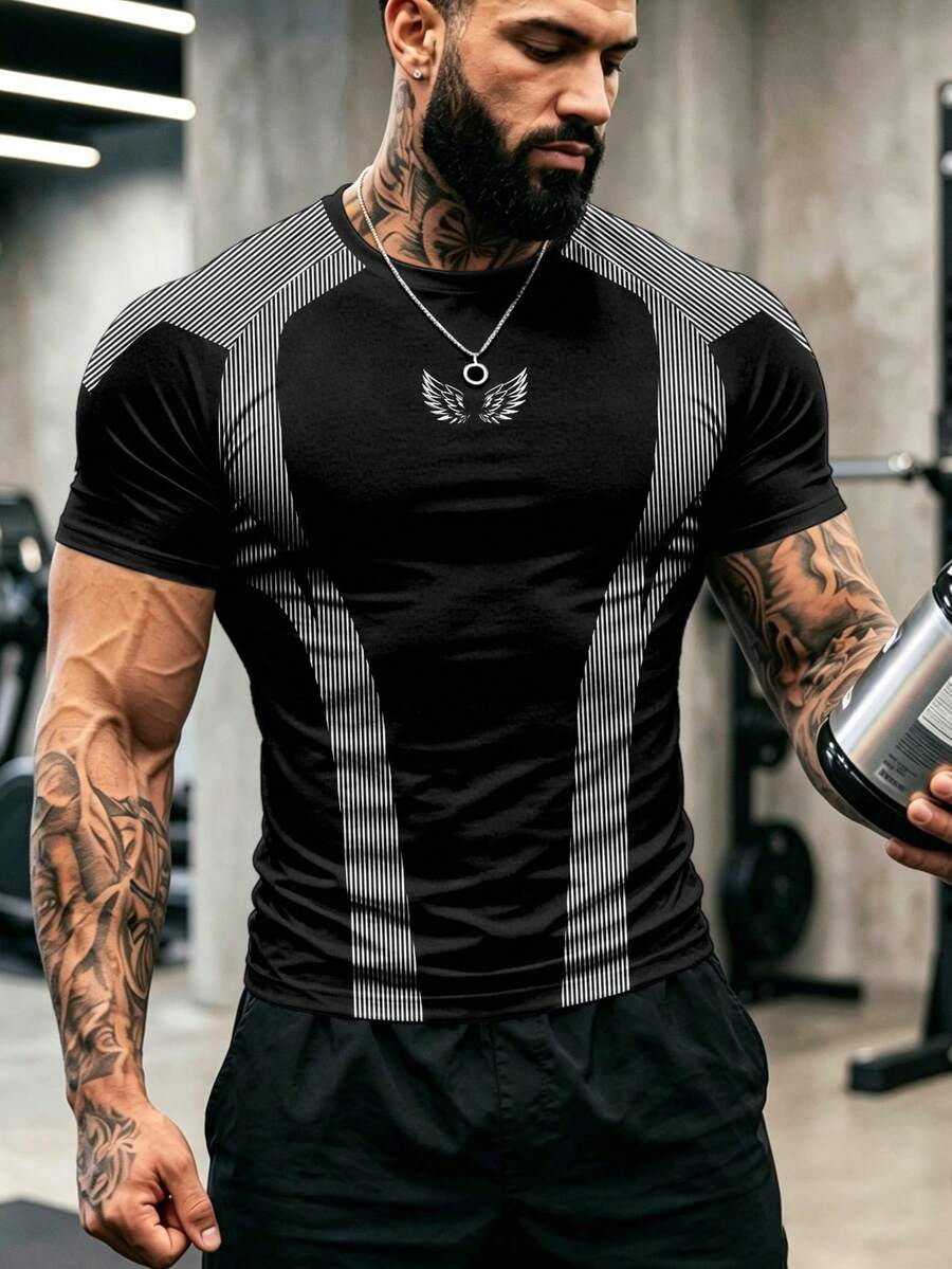 GymBeat Camiseta deportiva de manga corta con estampado de rayas de ala tipo raglán para hombre, gimnasio - Multicolor - Ver 1