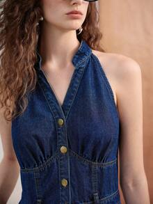 MOTF PREMIUM V-NECK HALTER NECK CINCHED WAIST LONG NAVY BLUE DRESS FOR WOMEN VACATION SUMMER CASUAL - Blue - View 2