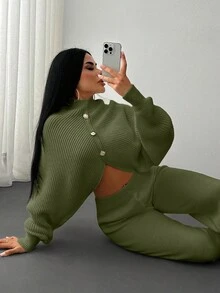 EURMUSE 2 Pieces Ribbed Knit Lounge Set Featuring Asymmetrical Sweater With Decorative Bow Accents And Matching High-Waisted Pants - Army Green - View 3
