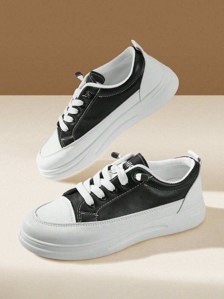 CUCCOO EASI Women's Lace-Up Round Head Thick Flat Bottom Casual Sneakers Casual Style PU Leather Black And White Casual Sneakers Daily, Outdoor, Commuter