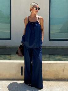 Livesso Summer Fashion Design Drawstring Navy Blue Top Straight Leg Casual Pants Set, Loose Business Business Vacation Commute Women's 2-Piece Set - Dark Wash - View 4