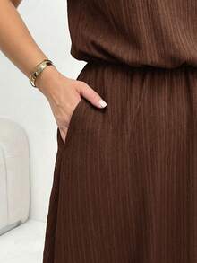 Shapeblank Plus-Size Women's Spring/Summer Fashionable Casual Western Loose Comfortable Everyday Basic Versatile Textured Fabric Brown V-Neck Midi Dress - Brown - View 6