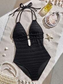 SHEIN Swim 2026新款素色紋理面料雙肩帶深V鏤空設計後綁繩美背露背夏季海灘休閒度假風女款一件式比基尼 - 黑色 - 查看 5