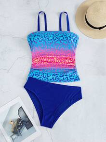 Swim Lushoire Women's Gradient Leopard Print Tankini 2-Piece Swimsuit, Adjustable Spaghetti Strap, Ruched Tummy Control Top, Solid Color Triangle Bottoms, Blue To Pink Gradient Beach Pool Vacation Swimwear - Multicolor - View 2