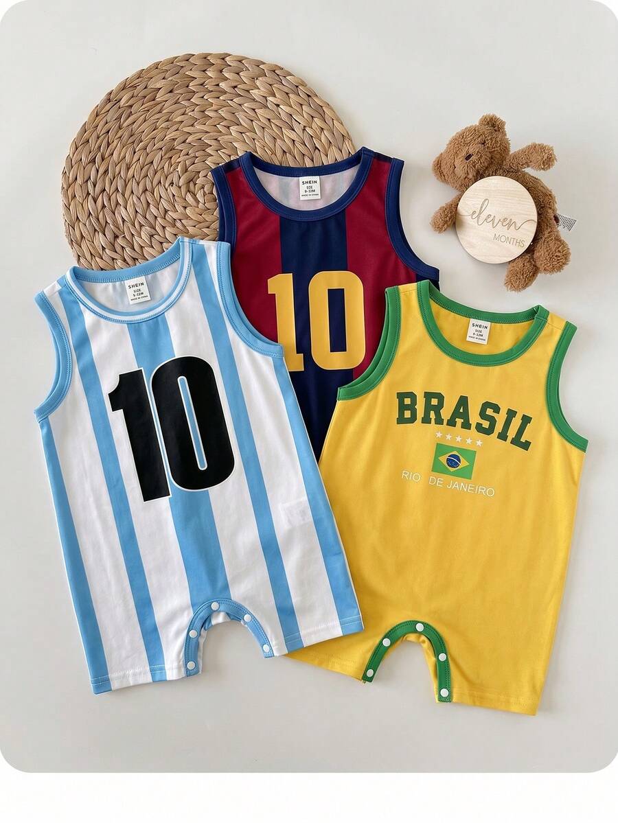Unisex Newborn Baby Boy/Girl 3pcs Spring/Summer Casual World Cup Pattern Sleeveless Romper Shorts Multi-Piece Set, Baby Rompers, Outfits, Baby Summer Clothes - White - View 1