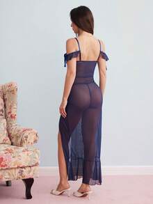 Elorette 2pcs/Set Lace Contrast Mesh Ruffle Trim Slit Maxi Dress & G-String Lingerie Set - Navy Blue - View 7