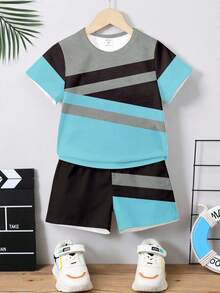 Boys Creative Fashion Grey Black Blue Patchwork Striped Pattern Print Basic Short T-Shirt And Shorts Set, Summer Daily Wear - Multicolor - View 4