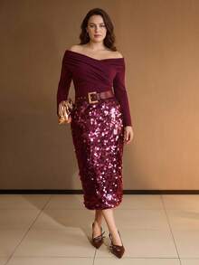 MOTF PREMIUM PLUS SIZE OFF-SHOULDER RUCHED T-SHIRT - Burgundy - View 5