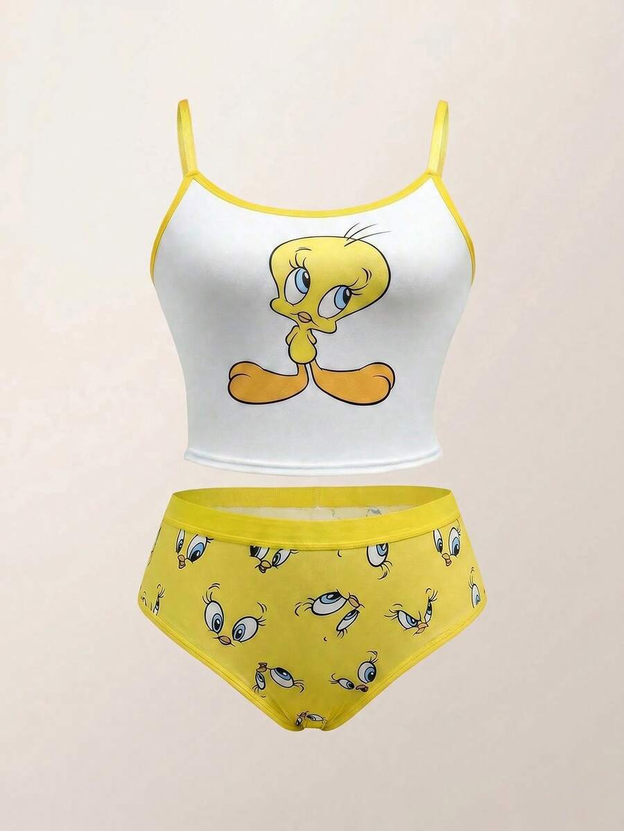 LOONEY TUNES X SHEIN 大码女式可爱卡通图案撞色包边吊带背心和内裤套装 - 白色 - 查看 1