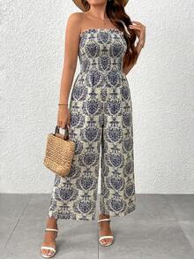 Breezaya Women's Spring/Summer Casual Boho Bohemian Vacation Bandeau Strapless Fitted Wide Leg Jumpsuit Beach Blue And White - Blue - View 3