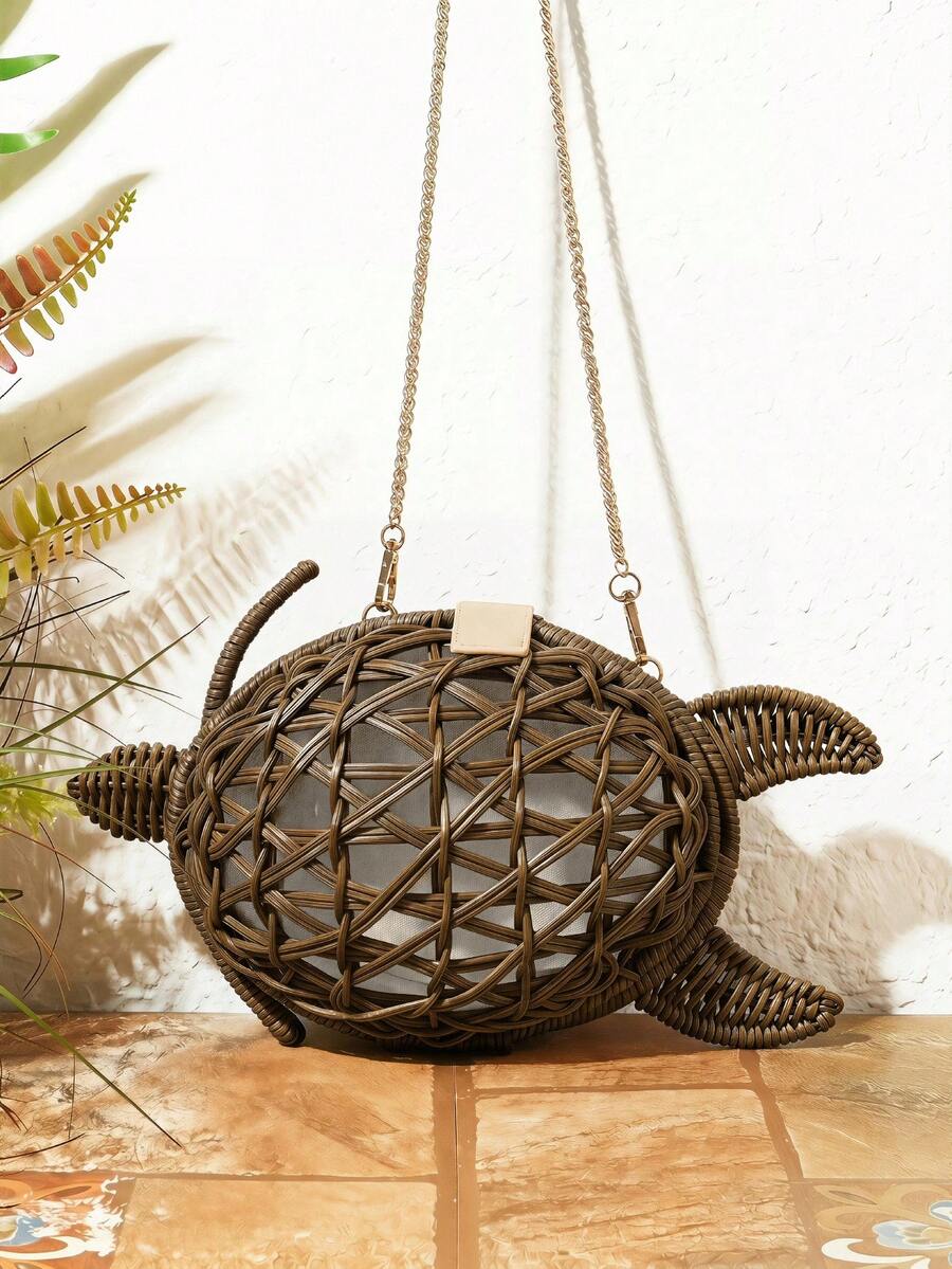SHECARRY Ladies Fashionable Personalized Summer Fun Turtle Shape Pure Hand-Woven Hollow Slanted Shoulder Bag, Summer Vacation Seaside Beach - Brown - View 1