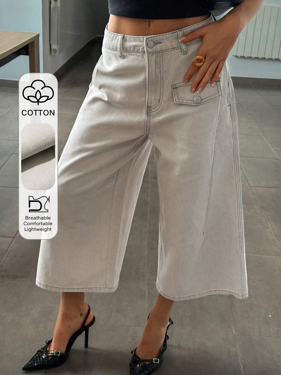 DAZY Quần jeans nữ ống rộng dáng suông, dài 3/4, thiết kế cạp nút, phong cách thường ngày - Màu Khaki - Xem 1