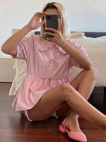 DAZY 女款圓領蝴蝶結寬鬆版型夏季襯衫 - 粉色 - 查看 4