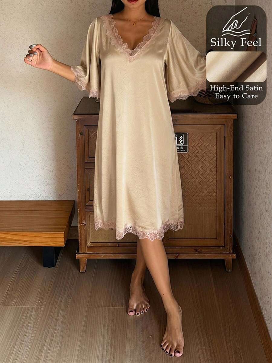 DAZY 夏季迷人蕾絲拼接緞面荷葉袖深V領女款睡袍 - 駝色 - 查看 1