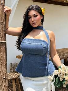 Dazy Plus 弹力修身水钻装饰性感露脐收腰牛仔吊带背心，优雅大码女士春夏外套 - 中等水洗藍 - 查看 5
