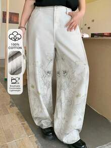 Dazy Plus Quần jeans nữ cỡ lớn màu be, dáng rộng, in họa tiết hoa toàn thân, chất liệu đã qua xử lý, kiểu dáng thường ngày, đa năng, phù hợp cho mọi mùa. - Màu be - Xem 1