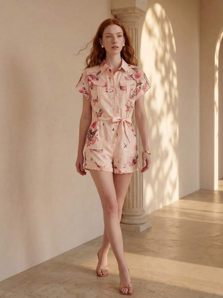 WOMEN'S FASHIONABLE FLORAL PRINT SHORT SLEEVE ROMPER