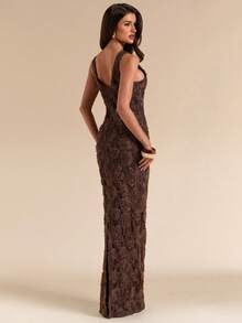 SHEIN BAE Spring Summer Brown Floral Jacquard Sleeveless Slim Fit Maxi Elegant Dress Dinner Party Date Wedding Guest Attire Cocktail Long Beach - Brown - View 7