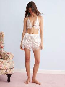 Elorette 女款蕾絲拼接彈性腰休閒日常居家短褲睡褲下裝 - 白色 - 查看 4