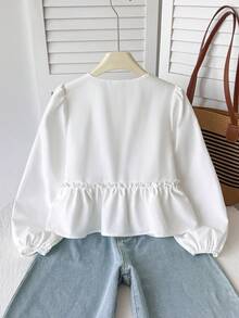 SHEIN 少女休閒簡約舒適圓領長袖蝴蝶結紋理布料上衣 返校季 - 白色 - 查看 2