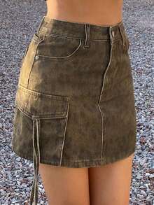 DAZY Women's Olive Green Print Denim Skirt With Large Pockets, Utility Street Casual Style Y2K Summer Everyday Daytime - Brown - View 7