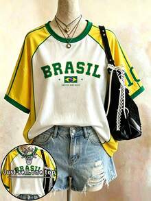 Lalippa 巴西風格拼色圖案球衣，巴西 BRASIL 黃綠白配色字母印花球迷T恤，足球球迷比賽日上衣，女款夏季運動上衣，足球，足球用品 - 彩色 - 查看 6