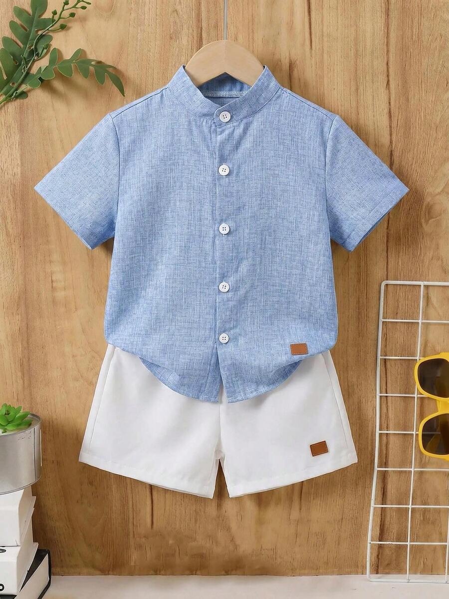 SHEIN 2件/套 青少年男童休閒舒適百搭條紋小立領短袖襯衫與短褲套裝