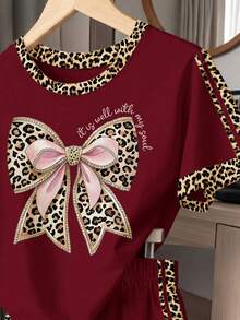 Vintage Cute Sweet Leopard Print Bow Pattern Pink Contrast Color Sporty Stripe Teen Girl Casual Loose Crew Neck T-Shirt Shorts 2-Piece Set For Summer - White - View 3