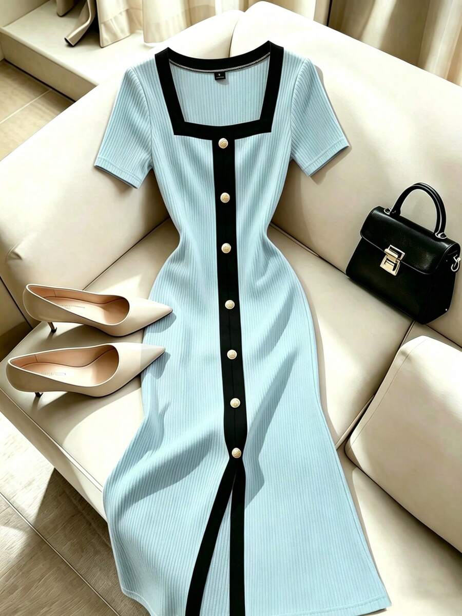 Franclia French Style Contrast Color Square Neck Trim Button Front Slit ...