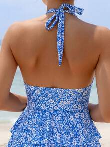 Swim Lushoire 女款夏季海灘花卉印花掛脖綁帶性感比基尼三角泳褲兩件式泳衣套裝 - 藍色 - 查看 5