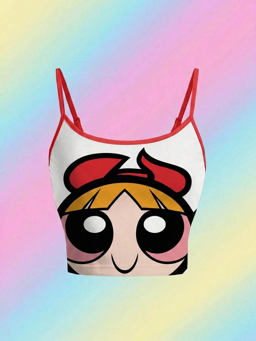 THE POWERPUFF GIRLS X SHEIN 女士可爱卡通图案圆领露脐吊带背心,休闲日常通勤,夏季 - 白色 - 查看 1