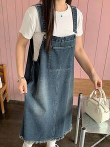 Dazy Plus Dark Wash Distressed Denim Overall Maxi A-Line Dress, All Season - Medium Wash - View 10