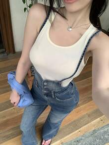 DAZY 复古水洗蓝色双扣腰部拼接喇叭牛仔裤，休闲街头户外音乐节情人节女式背带裤 - 中等水洗藍 - 查看 4