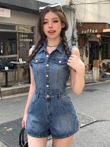 DAZY 复古水洗蓝色流苏装饰音乐节情人节休闲街头户外短裤、牛仔背带裤和连体裤，女士春夏款 - 中等水洗藍 - 查看 11