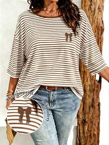 EMERY ROSE Plus Size Striped And Bow Digital Print Print Drop Shoulder T-Shirt, Suitable For Summer Wear - Multicolor - View 1