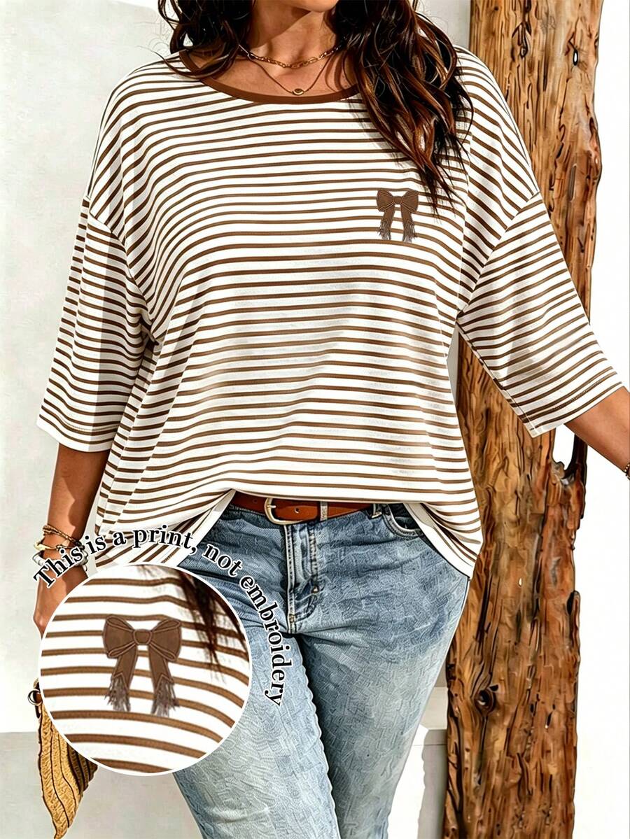 EMERY ROSE Plus Size Striped And Bow Digital Print Print Drop Shoulder T-Shirt, Suitable For Summer Wear - Multicolor - View 1