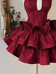 Lovelzi Gaun Formal Pendek Model A-Line Elegan Mewah Berwarna Burgundy dengan Tenunan Jacquard, Pita Buatan Tangan, dan Kerah Tegak, Cocok untuk Pesta, Wisuda, Pernikahan, dan Musim Panas. - Burgundy - View 5