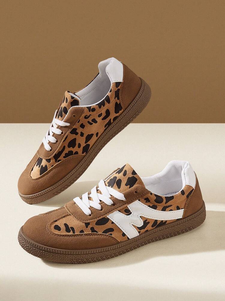 CUCCOO EASI Women's Lace-Up Leopard Print Round Toe Flat-Bottomed Casual Sneakers Casual Style Brown Leopard Print Casual Sneakers Daily Outdoor Leisure Sports