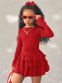 Coolane Kids Gaun Hitam Lengan Panjang Elegan Warna Polos dengan Hiasan Rumbai untuk Remaja Perempuan Musim Panas/Semi, Gaun Musim Gugur & Musim Dingin untuk Paduan Busana Merah, Pakaian Remaja Perempuan, Pakaian Y2k - Merah - View 3