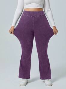 Flexra Plus Size Solid Color Elastic Waist Stretchy Knit Casual Wide Leg Flare Jeans - Purple - View 4