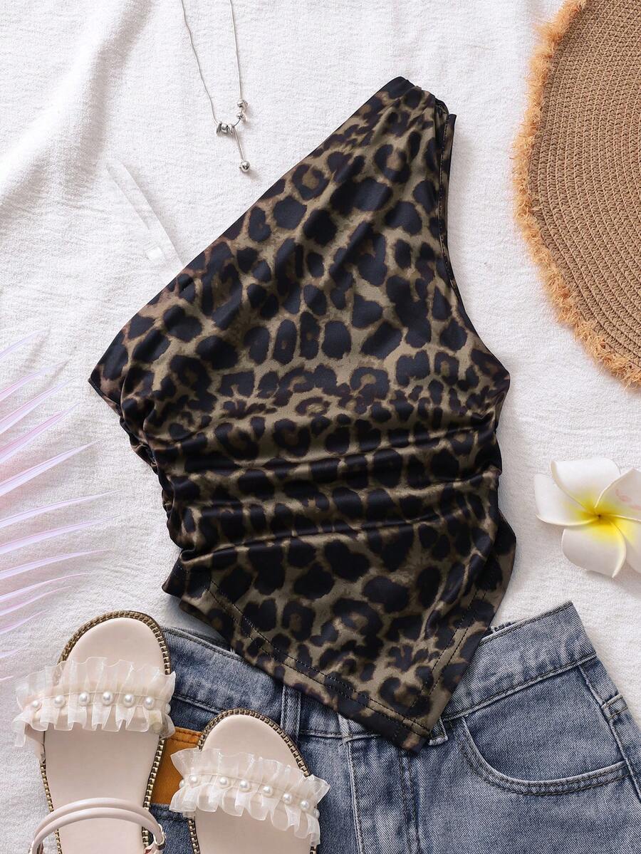 SHEIN 大童女孩棕色夏季休閒派對不對稱印花針織細肩帶背心,無袖不對稱荷葉邊下擺領口修身度假上衣,波希米亞度假風 - 鏽棕色 - 查看 1