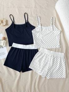 SHEIN Tween女孩休閒日常百搭舒適波點細肩帶背心短褲套裝 - 彩色 - 查看 2